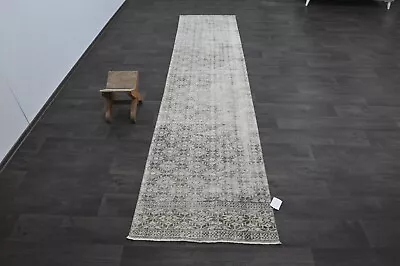 Vintage Turkish Runner Rug 3x11ft Wool Anatolian Handmade Hallway Oushak GRAY • $159.20