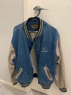 Vintage M Tess Australia Ford Motorsport Denim Bomber Jacket Mens 90s Blue Beige • $95