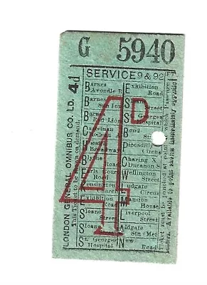 Bus Ticket    London General Omnibus Co Ltd Serv  9 & 92 4d  Geographical Punch • £2.99