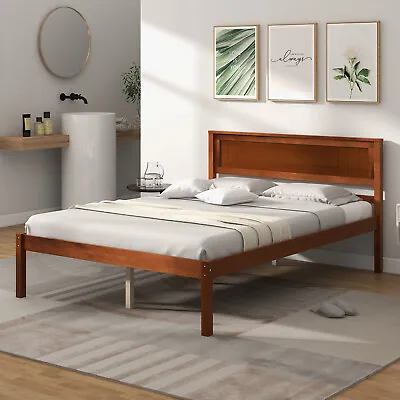 Full Size Wooden Platform Bed Frame With Headboard Mattress Foundation Walnut • $159.99