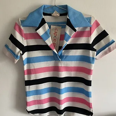 Vintage Polo Shirt Women’s Caper Mates NWT Blue Pink Black Stripes Top Small • $17.95