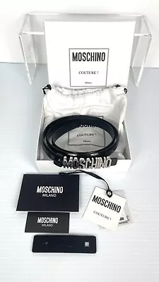 NWT Moschino Silver Metal Logo Buckle Leather 0.75”W Skinny Belt Size IT42 Or 85 • $199