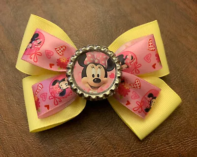 Disney Minnie Mouse Yellow And Pink Bottle Cap 4.5-Inch Small Hair Bow • $3.75