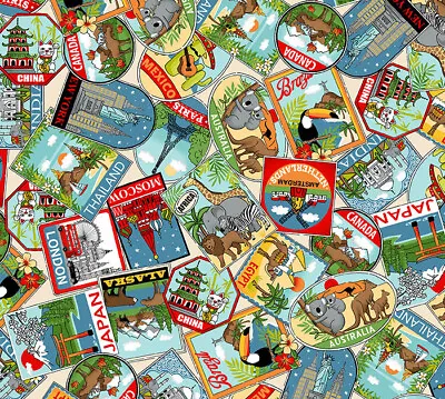 Makower - Around The World - 2399/1 Labels Fabric Fabric Fat Quarter • £3.95