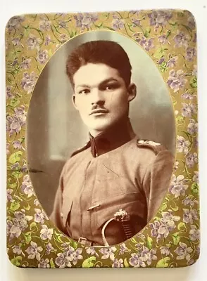 Antique Celluloid WW1 Photo Button Frame Plaque HANDSOME Man Soldier W Sword • $14.99