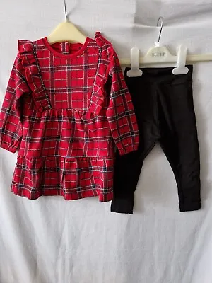 Girls Red Checkered Dress & Leggings Set Outfit 12-18 Months Cotton Warm SoulCal • £18.99