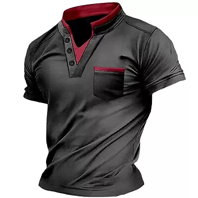 Henley Button Up T Shirt Men Solid Color Short Sleeve Soft Dress Black White Tee • $16.99