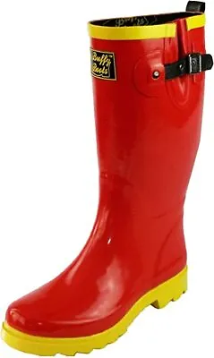 Buffy Boots Wellies RainBoots Fireball Red W/Yellow Black Buckle ~sz 78910 • $24.99