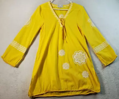 Mudpie Shift Dress Women Medium Yellow Embroidered Long Sleeve V Neck Drawstring • $15.86