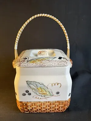 Vintage Beautiful Ceramic Basket/Cookie Jar With Lid & Wicker Handle-Crazing • $35.70