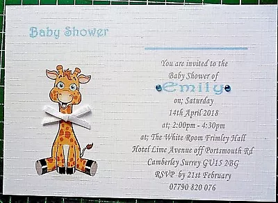 5 -10 Etc Personalised Handmade Giraffe Baby Shower/Christening Invitations A6 • £2.95