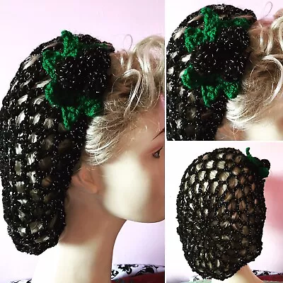 1940s Hair Snood Hairnet Christmas Hair Accessory  Black Sparkly Berries Vintage • £16