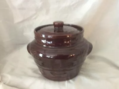 Marcrest Stoneware Brown Bean Pot Crock With Lid--Daisy Dot Design • $19.99