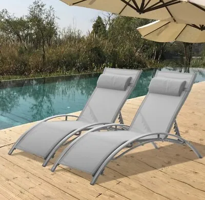 2 Relaxing Foldable Sun Lounger Set Outdoor Garden Patio Reclining Seater Grey • £99