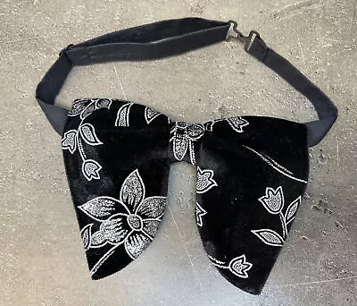 Oversized Black Velvet Silver Glitter Bow Tie Vintage Style 70`s Wedding Prom • $25.03