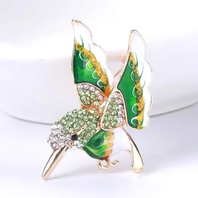 Green Hummingbird Brooch Shiny Rhinestones Pin Women Clothing Accessories Gift • $16.98