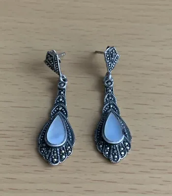 Vintage 925 Silver Art Deco Design Mother Of Pearl & Marcasite  Drop Earring • £13.99