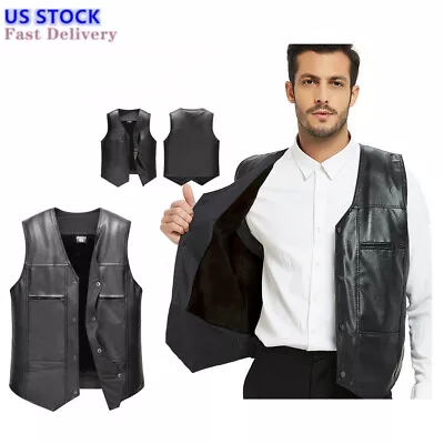 Mens Leather Vest Black Warm Biker Motorcycle Waistcoat Autumn Winter PU Vest • $13.14