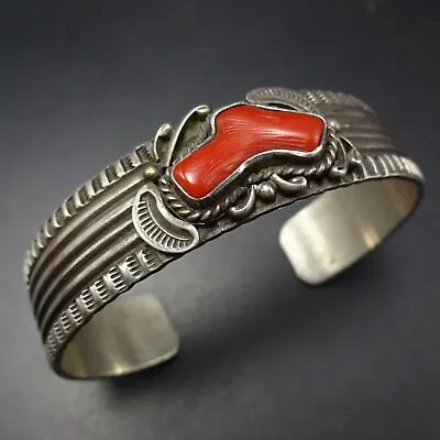 Vintage NAVAJO Hand Stamped Sterling Silver ITALIAN BRANCH CORAL Cuff BRACELET • $545