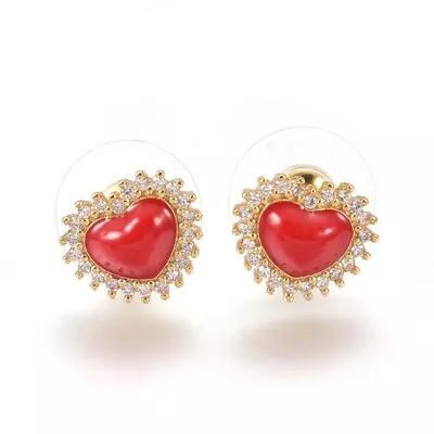 Brass Cubic Zirconia Stud Earrings Enamel Heart Red Gold 10x12x4mm 0.7mm Z397 • $10.99