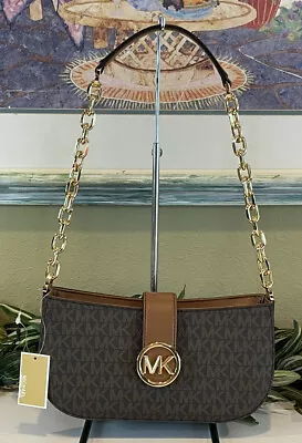 Michael Kors Carmen Small Pouchette Chain Shoulder Bag Mk Brown Signature Gold • $74.99