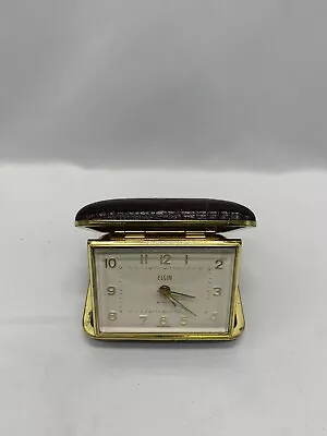 Vintage Elgin Travel Alarm Clock Luminous Dial Leather Case MCM Germany READ • $14.99