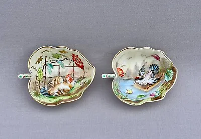 Pair Antique Hand Painted Royal Vienna Porcelain Pickle Dishes - Hens & Chicks • $79.99