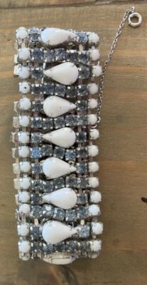 $22 • Buy Vintage Milk Glass And Light Blue Rhinestone Bracelet W/Safety Chain