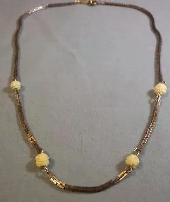 Vintage Carved Cream Flowers Beaded Chain Dark Gold Brass Tone Choker Necklace • $15.95