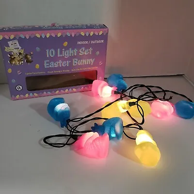 Vtg Blow Mold Easter Bunny Rabbit String Lights Set Of 10 Pastel Bunnies Works  • $12.99