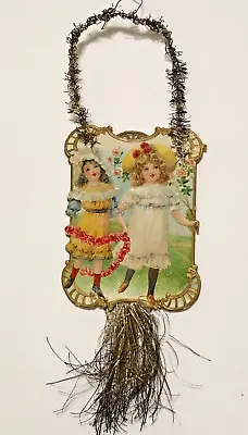 Antique Victorian Tinsel Christmas Ornament Scrap Die Cut C.1890 GIRLS FLOWERS • $35