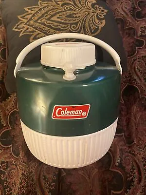 Vintage Coleman 1 Gallon Water Jug Thermos Top Spout Green White Camping W/Cup • $22.95