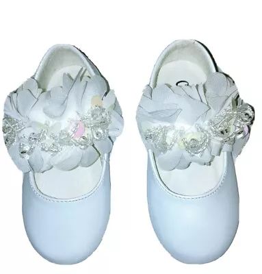 Girls White Ballet Shoes Sequin Strap By Couche Tot Christening Wedding Party • £15.99