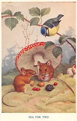 Blue Tit Bird Watches Mice Have Tea For Two Under Mushroom-Noel Hopking-Old PC • $4.99
