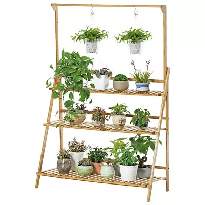 3 Tier Folding Bamboo Plant Stand Pot Shelf Stand Rack Indoor Outdoor Greenhouse • $44.91