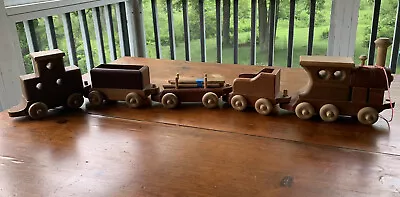 VTG Handmade Wooden Toy Train Set Handcrafted Natural Wood 36” Decor • $39.99