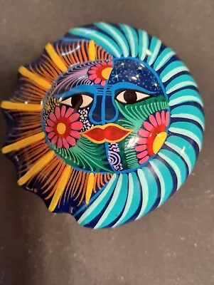 Folk Art Mexican Pottery Colorful Sun Trinket  Hand Painted Dish  • $12