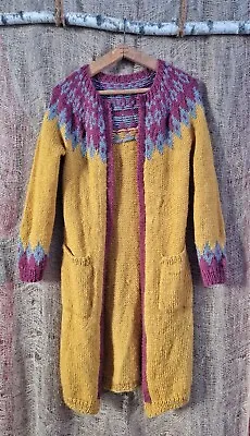 Hand Knitted Fairisle Nordic Wool Long Cardigan Women • £90
