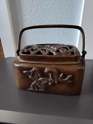 Antique Qing Dynasty Chinese Bronze Hand Warmer Rectangular Birds Tree • $450