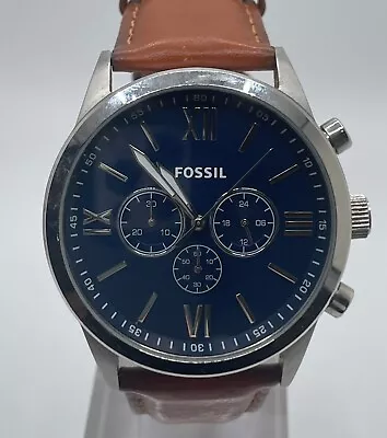 Fossil Mens Watch BQ2125 Chronograph Quartz Analog Roman Numerals Blue Dial • $50