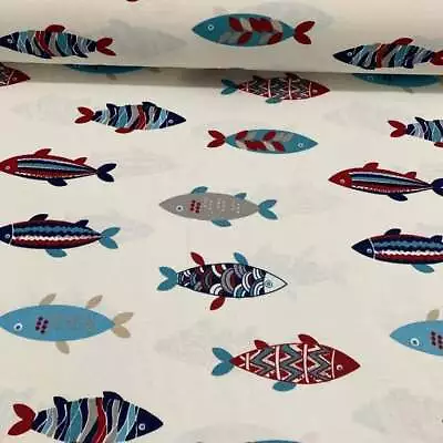 Fish Upholstery Fabric Nautical Ocean Sea Marine Animal Canvas Curtain Cushion • £0.99