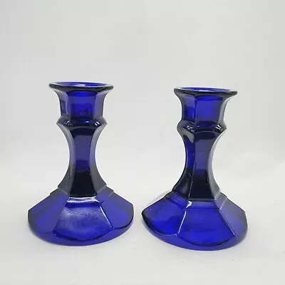 Set Of 2 Small 4  Glass Cobalt Blue Pressed Glass Candle Stick Holders VINTAGE • $65