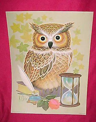 Vtg 1973 Donald Art Co K Chin Litho Lithograph Owl Hour Glass Picture Print 9x12 • $18.99