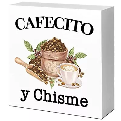 Cafecito Y Chisme Wood Box Sign Desk Decorrustic Watercolor Coffee Wood Block Pl • $15.32