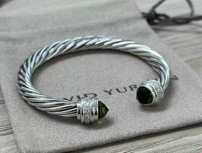 David Yurman Sterling Silver 7mm Cable Classic Peridot & Diamond Bracelet M • $229