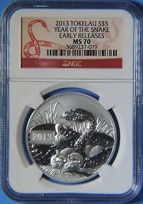 2013 Tokelau Year Of The Snake Early Releases $5 1oz .999 Silver Coin NGC MS70 • $44.99