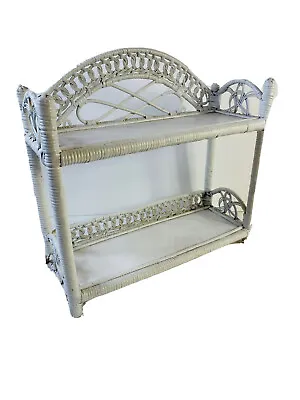 VTG 70s White Wicker Rattan Hanging Wall Shelf Display Cabinet Cottagecore • $53.39