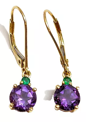 14K Gold Amethyst Emerald Color Gemstones Dangle Earrings *MASSIVE JEWELRY HOARD • $129