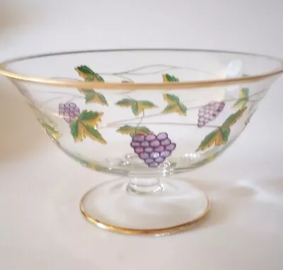 Romania Crystal Clear Bowl Footed Gold Trim Hand Painted🍇Vines Design VTG • $49.99