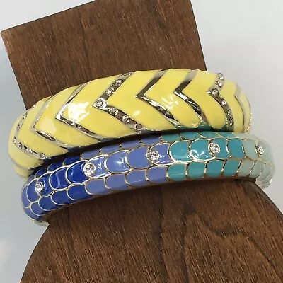 Set Of 2 Enamel Bangle Bracelets Jeweled Spring Close Chevron Mermaid  • $9.95